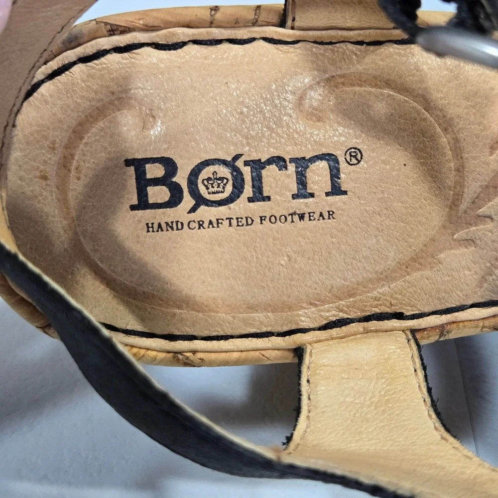 Born Womens 7 Black Leather Slingback Cork Wedge Sandals Comfort Shoes Platform